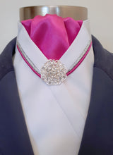 Load image into Gallery viewer, ERA RACHAEL STOCK TIE - White satin, hot pink, silver &amp; pink V piping &amp; brooch
