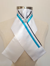 Load image into Gallery viewer, ERA SOPHIE STOCK TIE - White Satin with Black satin piping, turquoise trim, black crystals & silver brooch