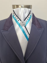 Load image into Gallery viewer, ERA SOPHIE STOCK TIE - White Satin with Black satin piping, turquoise trim, black crystals & silver brooch
