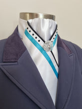 Load image into Gallery viewer, ERA SOPHIE STOCK TIE - White Satin with Black satin piping, turquoise trim, black crystals & silver brooch