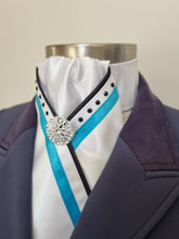 Load image into Gallery viewer, ERA SOPHIE STOCK TIE - White Satin with Black satin piping, turquoise trim, black crystals & silver brooch