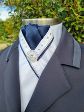 Load image into Gallery viewer, SOPHIE Stock tie - White & navy with silver metallic & navy piping, crystals and silver brooch