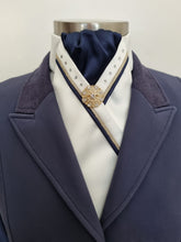 Load image into Gallery viewer, ERA SOPHIE STOCK TIE - Cream and navy satin with navy and gold piping, crystals & brooch