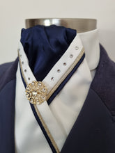 Load image into Gallery viewer, ERA SOPHIE STOCK TIE - Cream and navy satin with navy and gold piping, crystals & brooch
