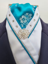 Load image into Gallery viewer, ERA SOPHIE STOCKTIE - CLEARANCE - White & turquoise with silver & turquoise piping, crystals and silver brooch