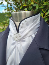 Load image into Gallery viewer, ERA Elle Split Collar Stock Tie - Soft Ties with Split collar, black piping, Swarovski elements and Brooch (Copy)