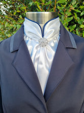 Load image into Gallery viewer, ERA Elle Split Collar Stock Tie - Soft Ties with Split collar, navy piping, Swarovski elements and Brooch