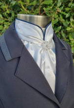 Load image into Gallery viewer, ERA Elle Split Collar Stock Tie - Soft Ties with Split collar, navy piping, Swarovski elements and Brooch