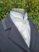 Load image into Gallery viewer, ERA Elle Split Collar Stock Tie - Soft Ties with Split collar, navy piping, Swarovski elements and Brooch