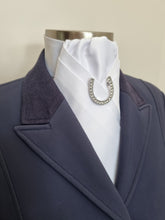 Load image into Gallery viewer, ERA SHARON STOCK TIE - White satin with pleat with Horse Shoe brooch