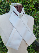 Load image into Gallery viewer, ERA SOPHIE STOCKTIE - Cream & brown with silver metallic & brown V piping, Swarovski crystals and silver brooch