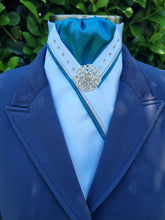 Load image into Gallery viewer, ERA SOPHIE STOCK TIE - White & Teal satin with teal & silver satin piping, Swarovski crystals and silver brooch