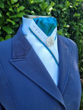 Load image into Gallery viewer, ERA SOPHIE STOCK TIE - White & Teal satin with teal & silver satin piping, Swarovski crystals and silver brooch