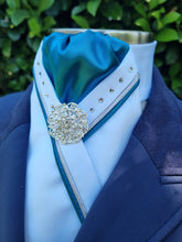 Load image into Gallery viewer, ERA SOPHIE STOCK TIE - White & Teal satin with teal & silver satin piping, Swarovski crystals and silver brooch