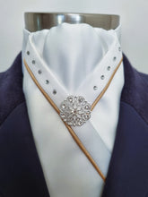 Load image into Gallery viewer, ERA SOPHIE STOCK TIE - White satin with gold piping, Swarovski crystals & brooch