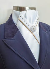 Load image into Gallery viewer, ERA SOPHIE STOCK TIE - White satin with gold piping, Swarovski crystals & brooch