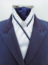 Load image into Gallery viewer, SOPHIE Stock tie - White & navy with silver metallic & navy piping, crystals and silver brooch