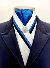 Load image into Gallery viewer, ERA TAYLA STOCK TIE - CLEARANCE - White satin with royal blue oriental centre with navy blue & matching trim, silver brooch