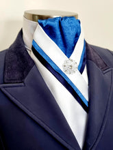 Load image into Gallery viewer, ERA TAYLA STOCK TIE - CLEARANCE - White satin with royal blue oriental centre with navy blue & matching trim, silver brooch