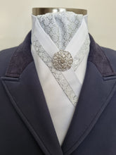 Load image into Gallery viewer, ERA TAYLA Stock tie - White satin with silver floral brocade and brooch