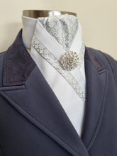Load image into Gallery viewer, ERA TAYLA Stock tie - White satin with silver floral brocade and brooch