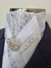 Load image into Gallery viewer, ERA TAYLA Stock tie - White satin with silver floral brocade and brooch