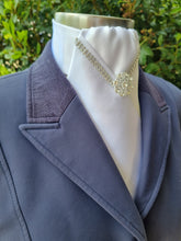 Load image into Gallery viewer, ERA VANESSA STOCK TIE - White with crystal V trim and brooch - Silver or Gold