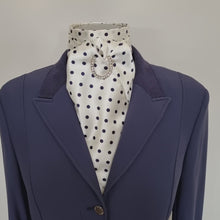 Load and play video in Gallery viewer, ERA MARY SELF-TIE STOCK - Cream & navy polka dot satin "Traditional Tie Your Own"  with Gold Horse Shoe Brooch