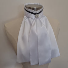 Load and play video in Gallery viewer, ERA EURO BELLE with PEARLS & CRYSTALS Stock Tie - White lustre satin with Black trim, lace frill, pearl & crystal trim and brooch