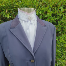 Load and play video in Gallery viewer, EURO BELLE STOCK TIE - White lustre satin with pink & white lace & brooch