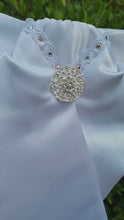 Load and play video in Gallery viewer, ERA DEB STOCK TIE - White satin with lace trim, rose gold & clear crystals & brooch