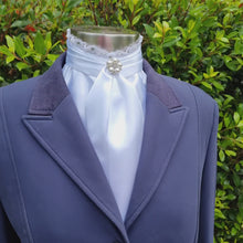 Load and play video in Gallery viewer, ERA EURO BELLE Stock Tie - White lustre satin with lace frill, pearls & crystals and brooch