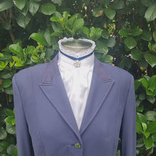 Load and play video in Gallery viewer, ERA EURO BELLE with PEARLS & CRYSTALS Stock Tie - White lustre satin with Navy blue trim, lace frill, pearl & crystal trim and brooch