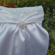 Load and play video in Gallery viewer, ERA ELLE Pre-tied Stock Tie - White satin Soft Ties with Embroidered Lace Centre and silver brooch