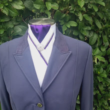 Load and play video in Gallery viewer, ERA RACHAEL STOCK TIE - White satin & purple with silver and purple piping & brooch