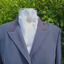 Load and play video in Gallery viewer, ERA DEB STOCK TIE - White satin with lace trim, rose gold & clear crystals & brooch