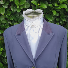 Load and play video in Gallery viewer, ERA EURO BELLE with Crystals Stock Tie - White lustre satin with lace frill, crystals on neck and brooch