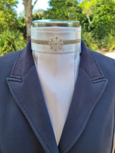 Load image into Gallery viewer, ERA EURO KARA Stock Tie – White gathered satin with silver crystal trim and silver brooch