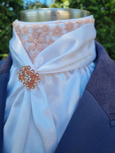 Load image into Gallery viewer, ERA Elle Pre-tied White Satin Stock Tie Plastron - Dusky Rose Lace & Brooch - 3 options