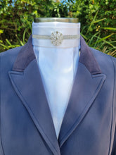 Load image into Gallery viewer, ERA EURO KARA Stock Tie – White pleated satin with silver crystal trim and silver brooch