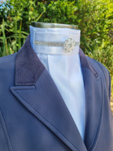 Load image into Gallery viewer, ERA EURO KARA Stock Tie – White gathered satin with silver crystal trim and silver brooch