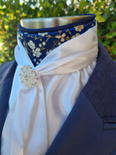 Load image into Gallery viewer, ERA Elle Stock Tie - Soft Ties with navy & gold brocade & brooch