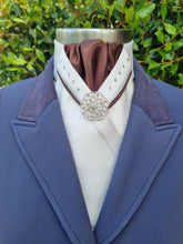 Load image into Gallery viewer, ERA SOPHIE STOCKTIE - Cream & brown with silver metallic & brown V piping, Swarovski crystals and silver brooch