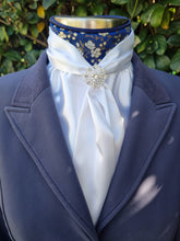 Load image into Gallery viewer, ERA Elle Stock Tie - Soft Ties with navy & gold brocade & brooch