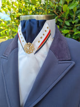 Load image into Gallery viewer, ERA SOPHIE/Siena STOCKTIE - White & navy with red, gold & navy "V" piping, gold tone crystals and gold brooch
