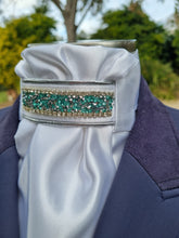 Load image into Gallery viewer, ERA Euro Lyndal Regal Stock Tie - White Satin with silver piping and Mint green crystal trim