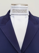 Load image into Gallery viewer, ERA EURO KARA STOCK TIE - White satin, silver piping with crystal trim - 5 colours - crystal/pearl, mint, black, blue, gold