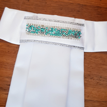 Load image into Gallery viewer, ERA EURO KARA STOCK TIE - White satin, silver piping with crystal trim - 5 colours - crystal/pearl, mint, black, blue, gold