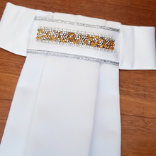 Load image into Gallery viewer, ERA EURO KARA STOCK TIE - White satin, silver piping with crystal trim - 5 colours - crystal/pearl, mint, black, blue, gold