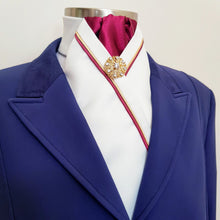 Load image into Gallery viewer, ERA RACHAEL STOCK TIE - Cream satin and burgundy, with gold & burgundy piping and gold brooch